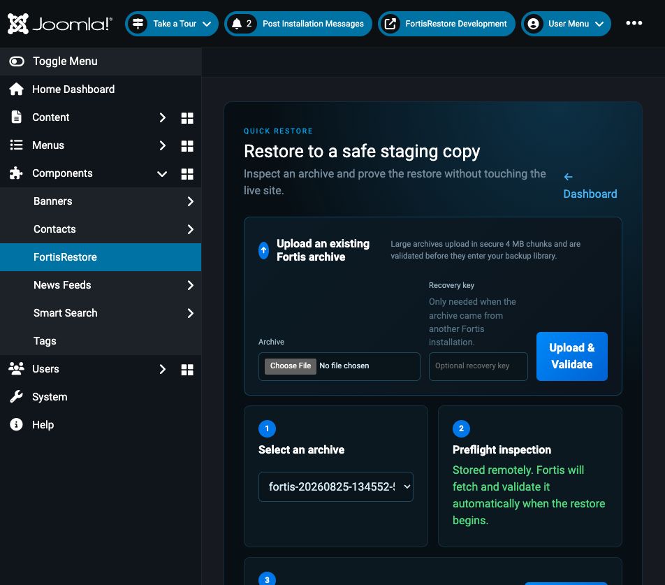 FortisRestore guided staging restore workflow